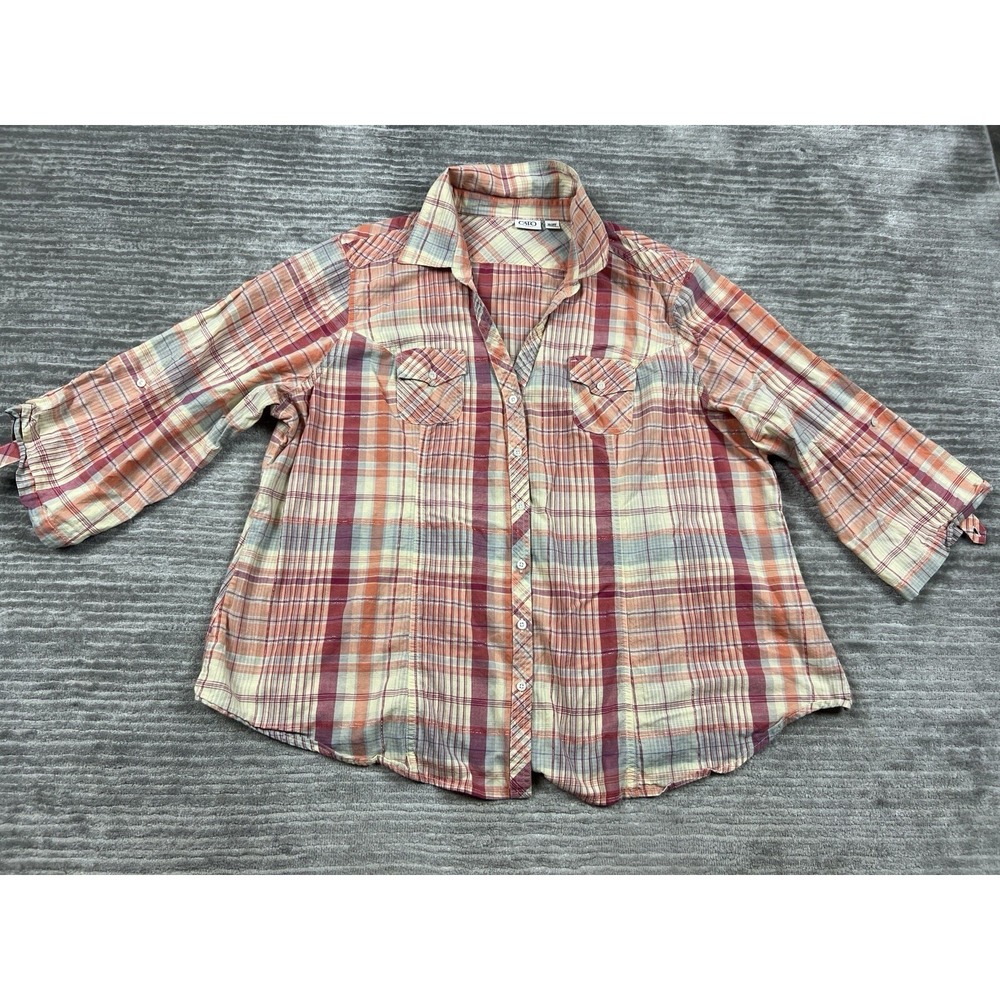 Cato Shirt Womens 26/28W Orange Plaid Metallic Roll Tab 3/4 Sleeve Button Up